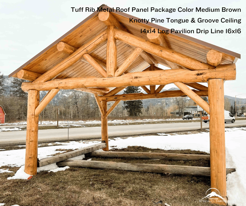 14x14ft Log Constructed Pavilion Brown Roof