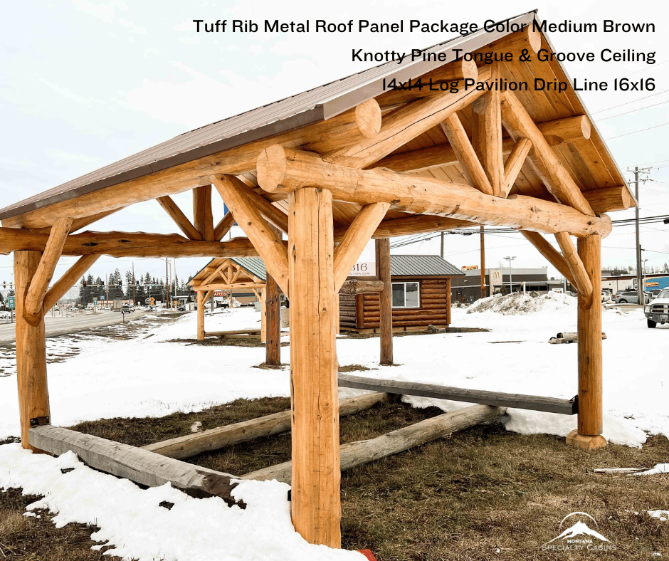 14x14ft Log Constructed Pavilion Brown Roof