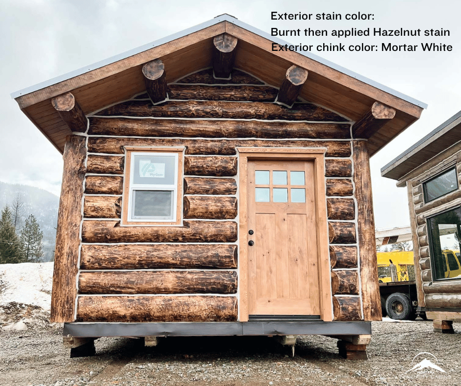 12x20 log cabin, tiny cabin, stain Hazelnut, buff chinking, mortar white chinking, loft, Symphony Gloss stain