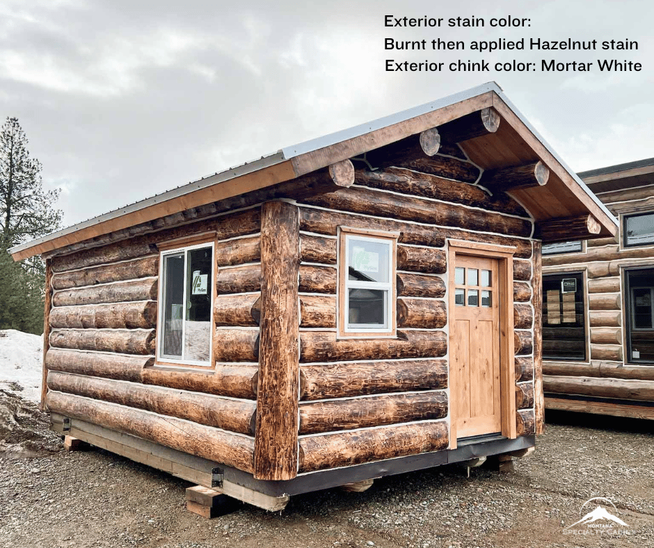 12x20 log cabin, tiny cabin, stain Hazelnut, buff chinking, mortar white chinking, loft, Symphony Gloss stain