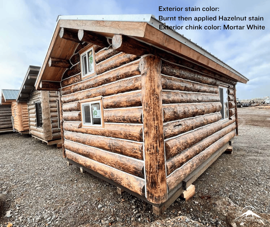 12x20 log cabin, tiny cabin, stain Hazelnut, buff chinking, mortar white chinking, loft, Symphony Gloss stain