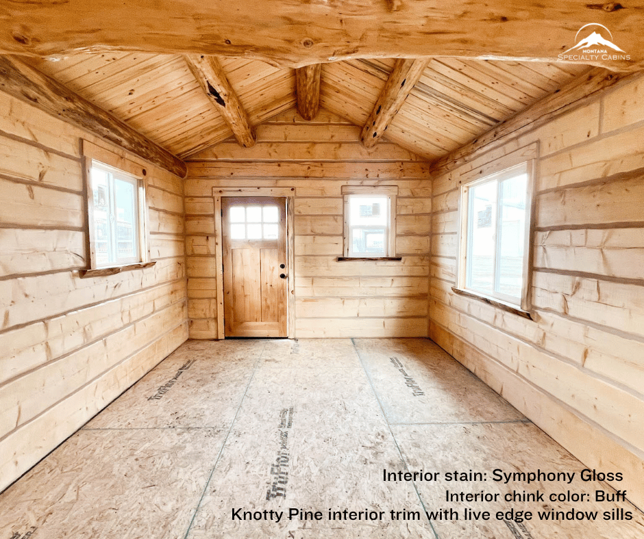 12x20 log cabin, tiny cabin, stain Hazelnut, buff chinking, mortar white chinking, loft, Symphony Gloss stain