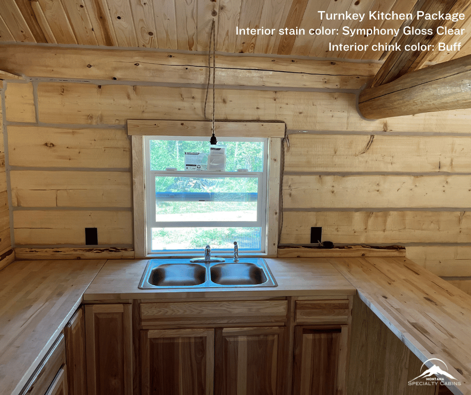 Turnkey Kitchen in 12x30ft Log Cabin, Interior stain color: Symphony Gloss Clear