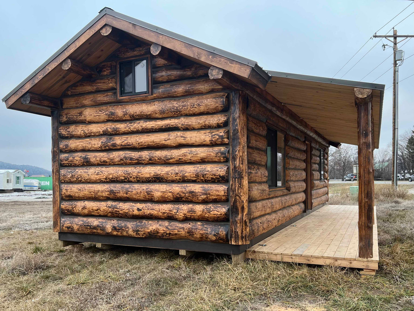 Orchard View Log Cabin 12x34: Hand-Burnt Cabin with Hazelnut Finish