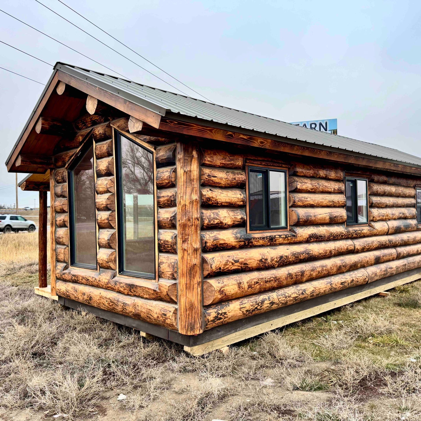 Orchard View Log Cabin 12x34: Hand-Burnt Cabin with Hazelnut Finish