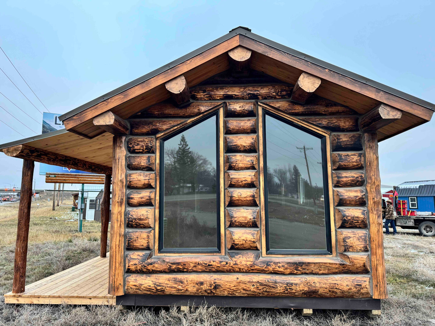 Orchard View Log Cabin 12x34: Hand-Burnt Cabin with Hazelnut Finish