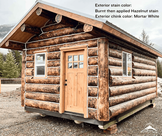 12x20 log cabin, tiny cabin, stain Hazelnut, buff chinking, mortar white chinking, loft, Symphony Gloss stain