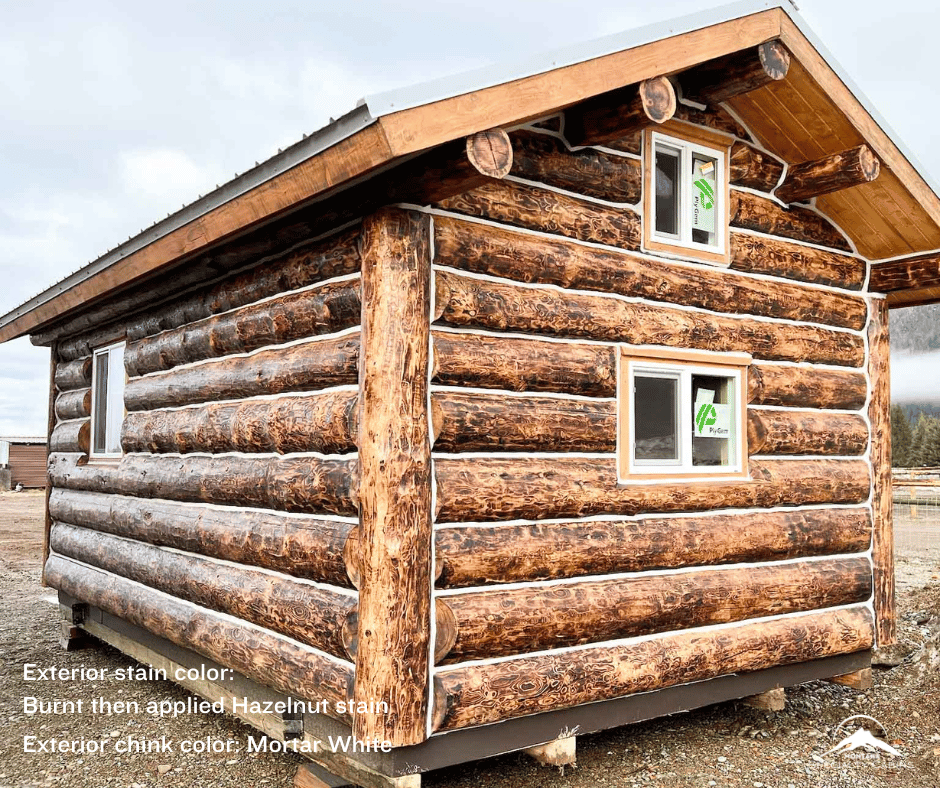 12x20 log cabin, tiny cabin, stain Hazelnut, buff chinking, mortar white chinking, loft, Symphony Gloss stain